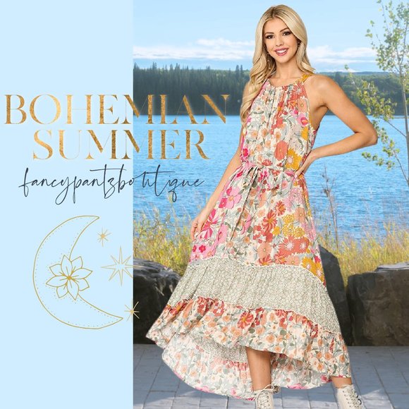 Gigio Dresses & Skirts - Sand & Sage Floral Halter Hi Low Maxi Dress Retro